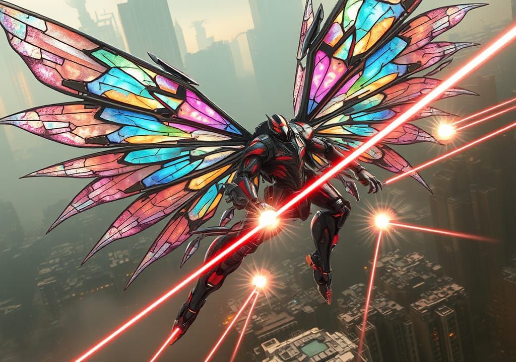 Fairy Mecha with Holographic Wings Soaring and Fighting