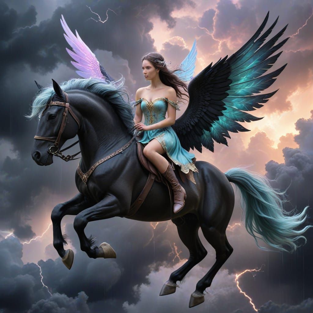 Ethereal Fantasy Scene of a Fairy Riding a Black Pegasus