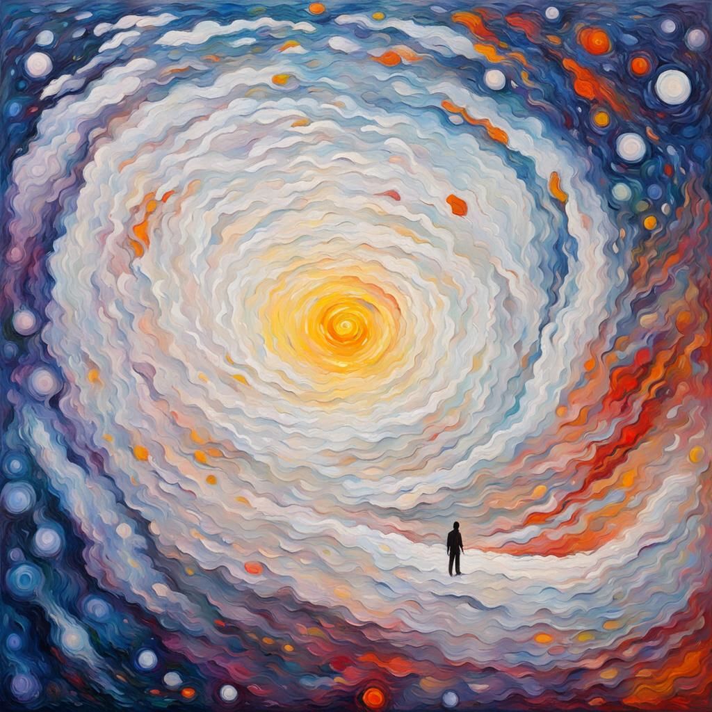 Silhouette Floating in Infinite Cosmos: Expressionist Oil Pa...