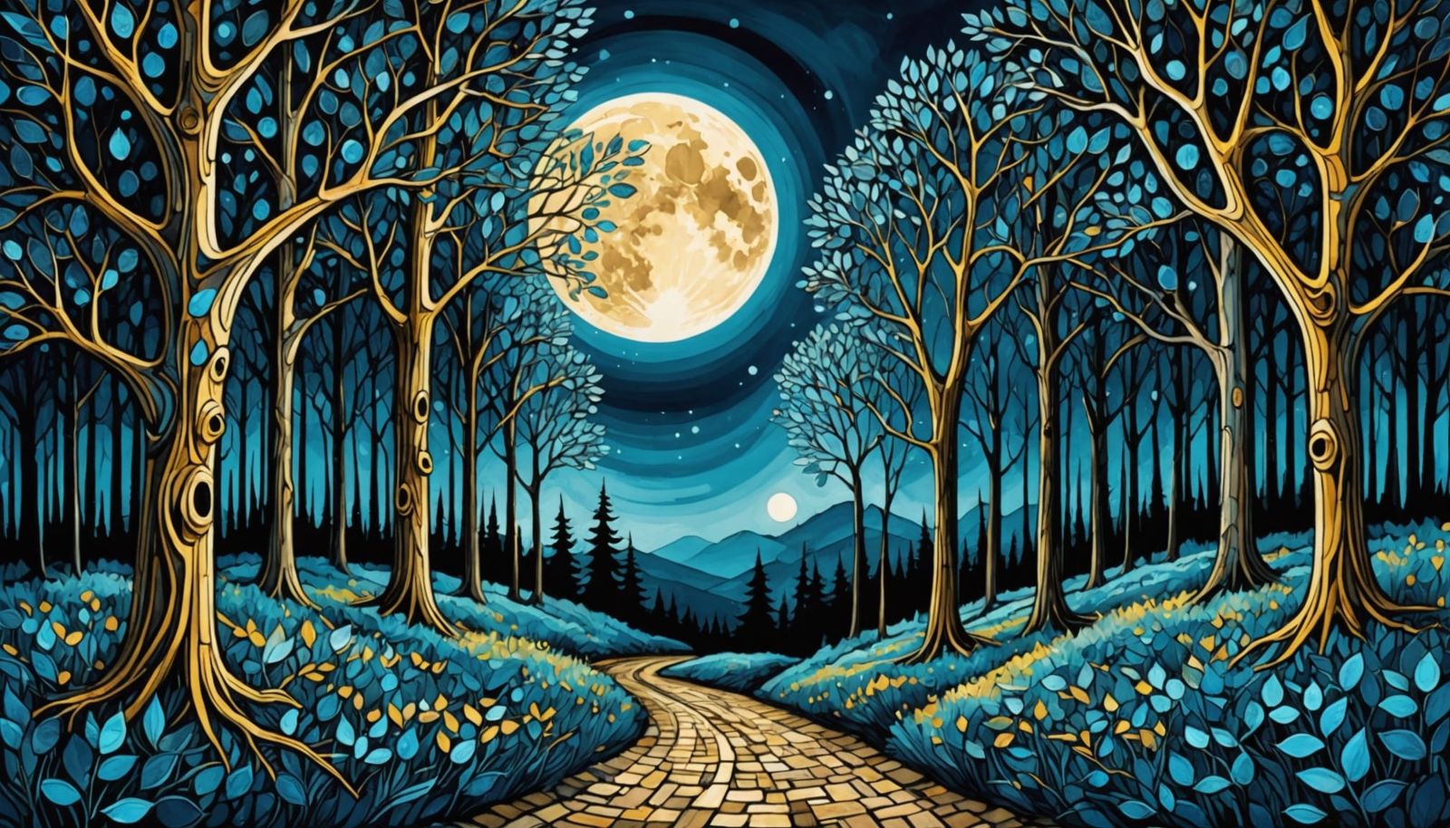 Moonlit Pathway Through Arabesque Forest Trees