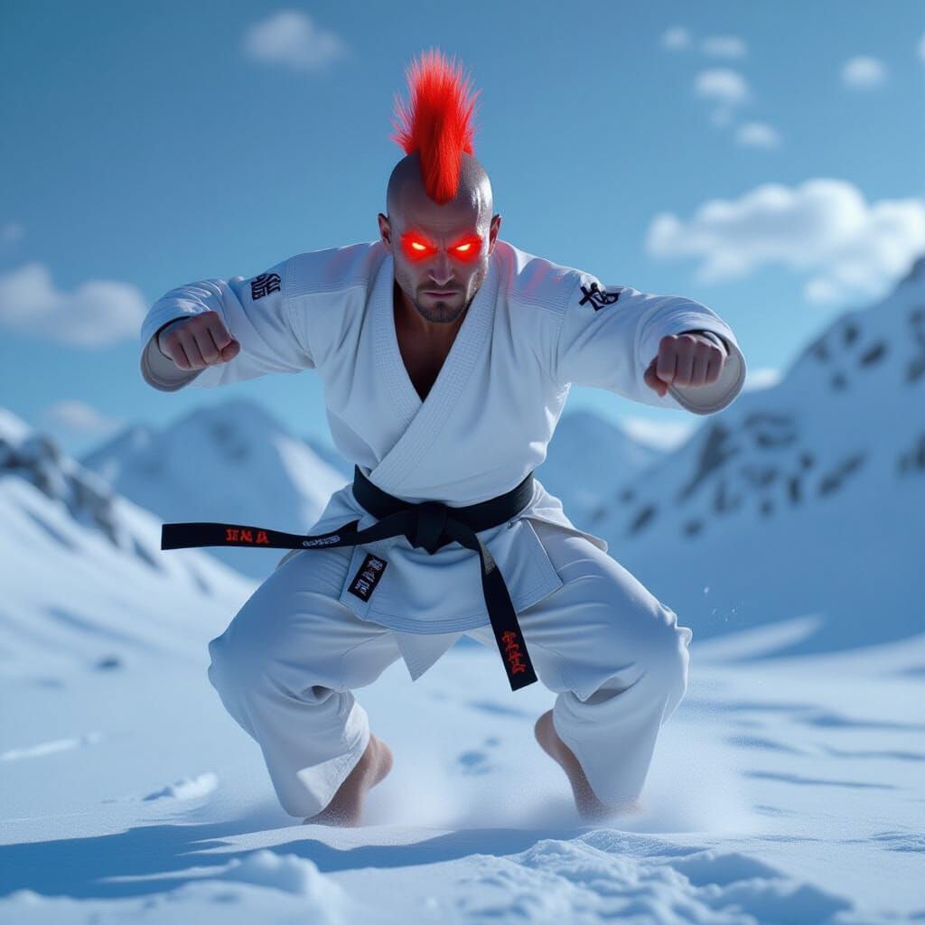 Fiery Mohawk Warrior in Mid-Air Karate Pose
