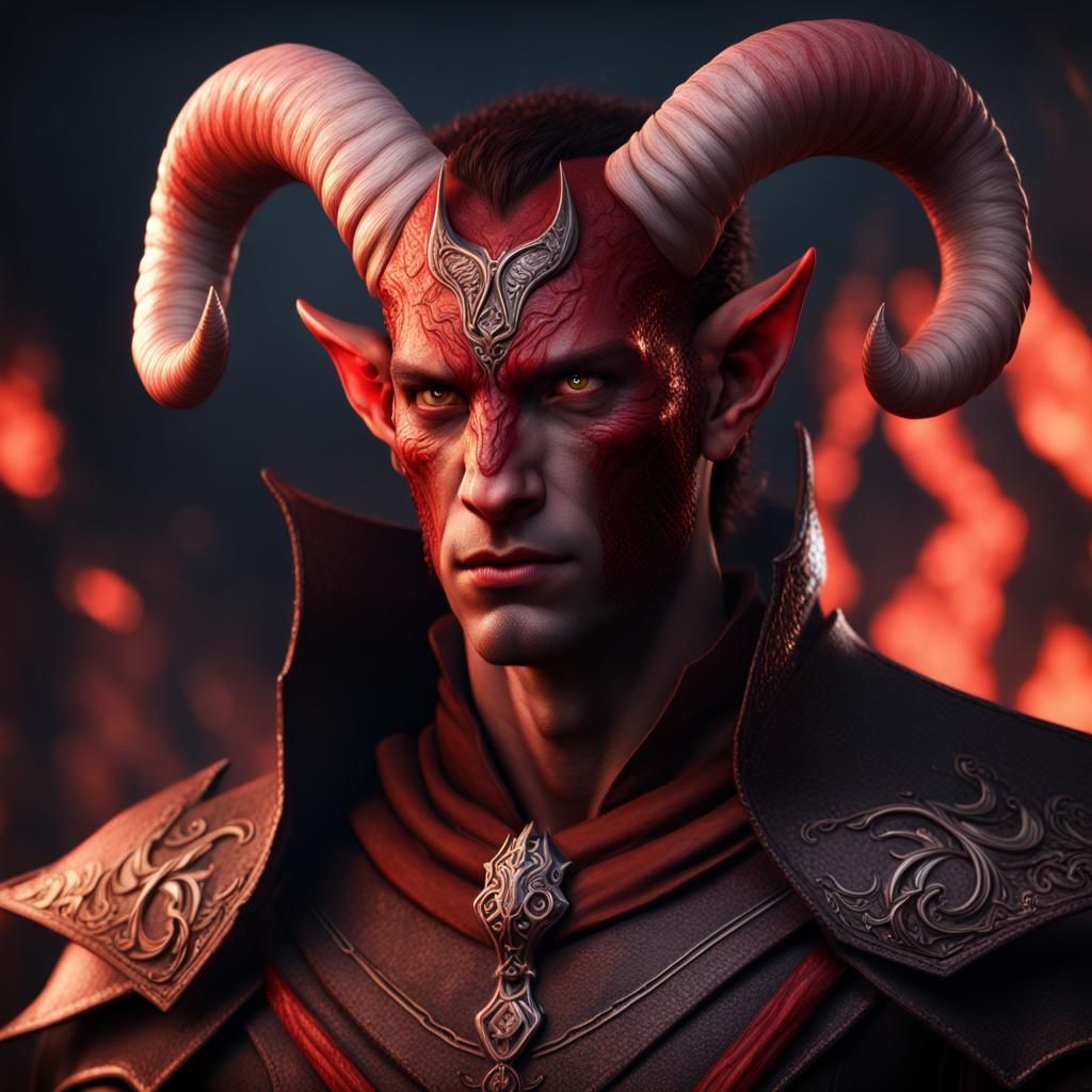 Red-Skinned Tiefling with White Eyes: Fantasy Art