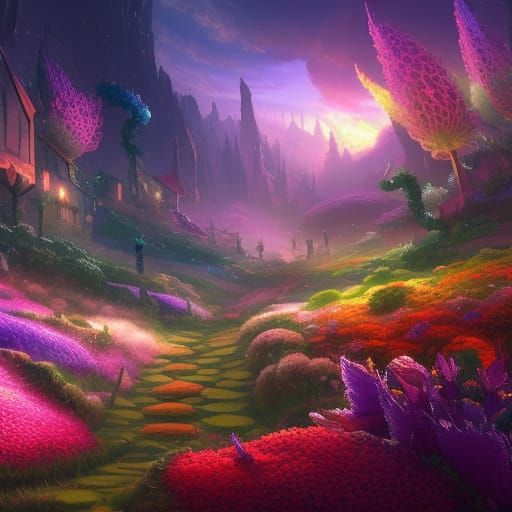 Surreal Flower Fields Under Northern Lights