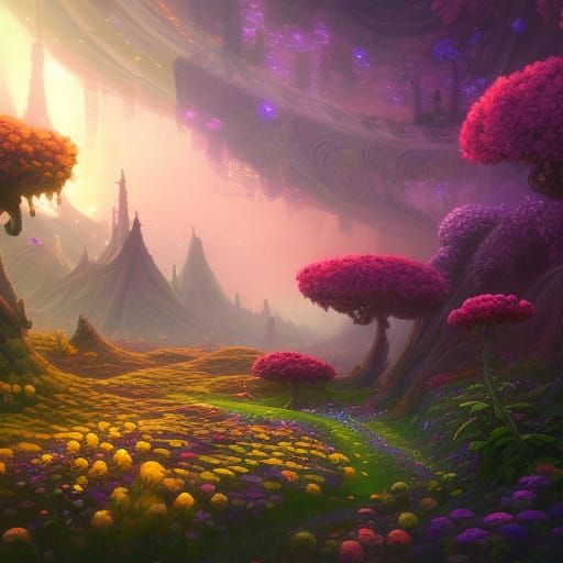 Surreal Flower Fields Under Northern Lights