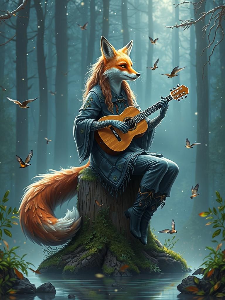 depict the entire body, the entire figure of the fox. Depict the entire body, show the entire figure of the fox: head, p...