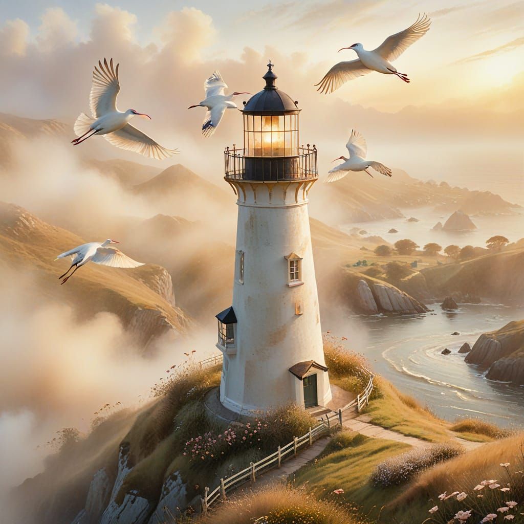 Ibis Flight Near Lighthouse in Watercolor Style