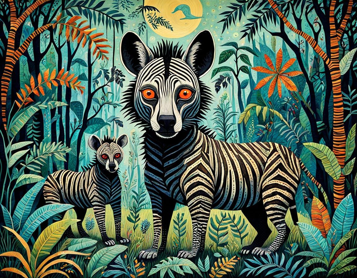 Whimsical Zebra Hyena Monkey Hybrid Horror in Intricately De...