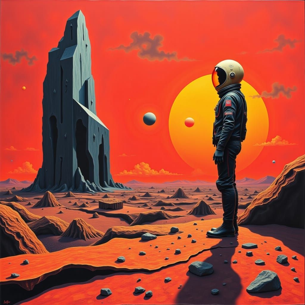 Astronaut on Crimson Planet with Crystalline Structure