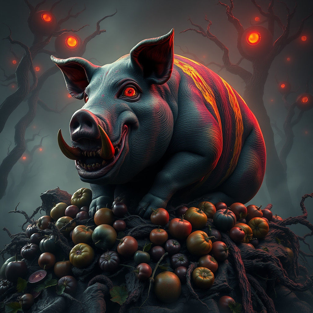 Grotesque Toxic Pig in Surreal Biomechanical Landscape