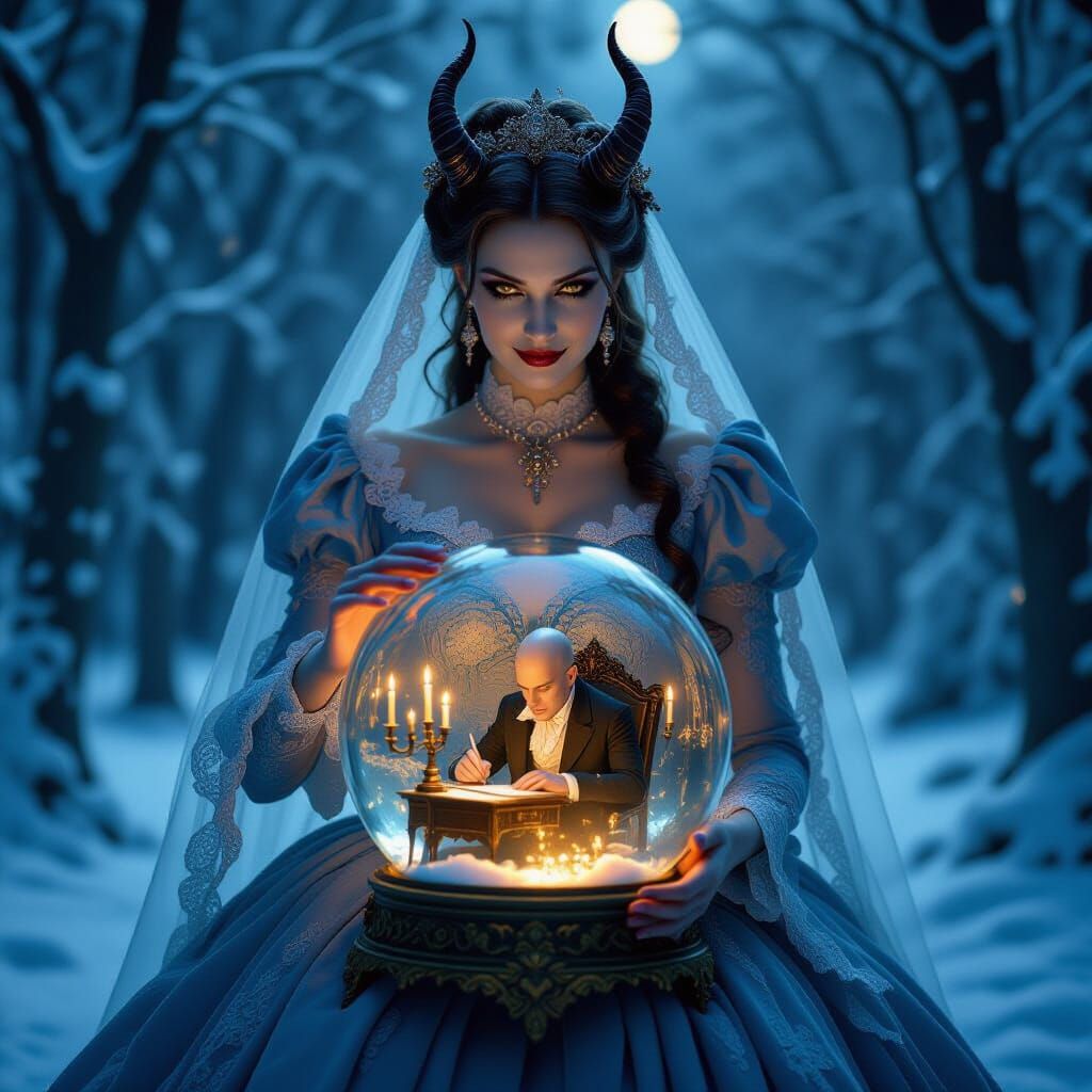 Demon Bride in Snowy Gothic Forest Holding Magical Globe