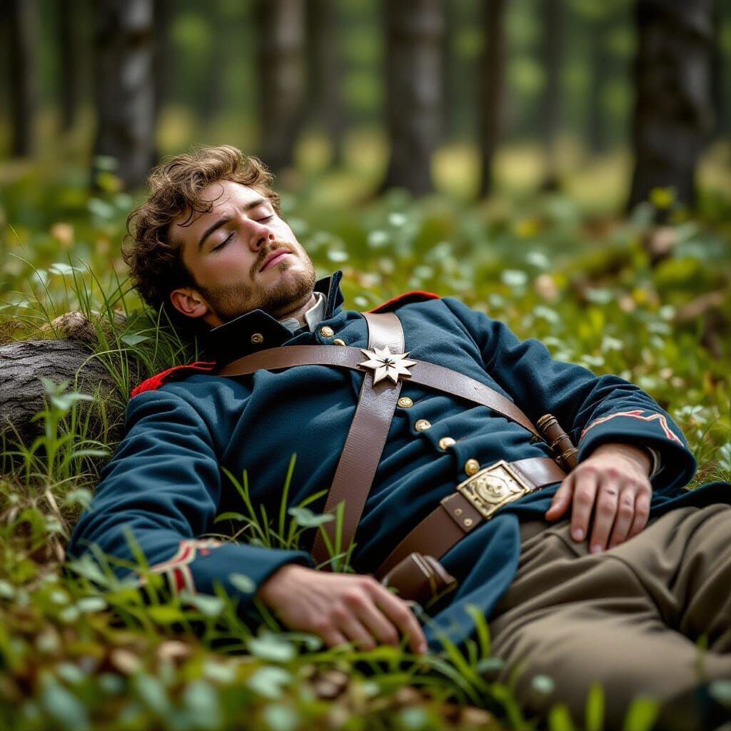 French Soldier's Deceptive Slumber in a Wooded Landscape