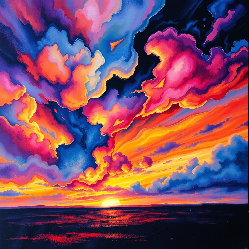 Iridescent Sunset with Watercolor and Ink Textures