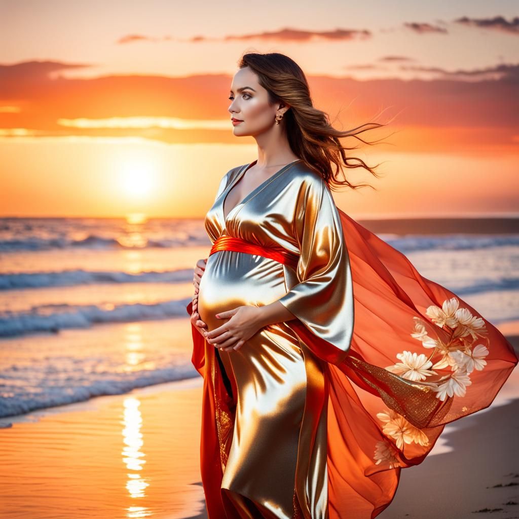 Pregnant Woman in Kimono at Sunset
