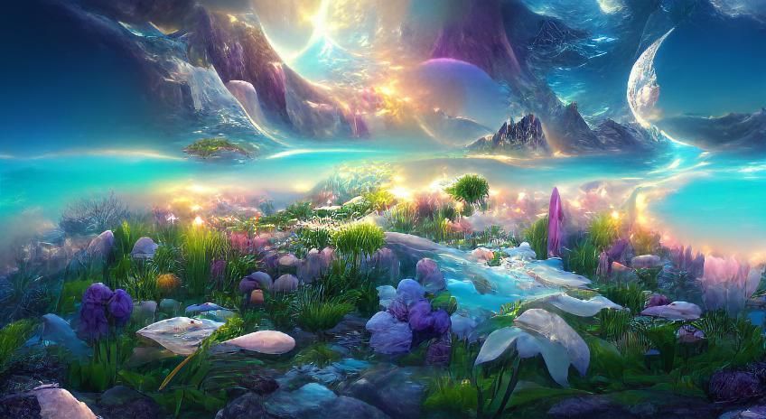 Iridescent Fantasy Landscape with Luminous Sun