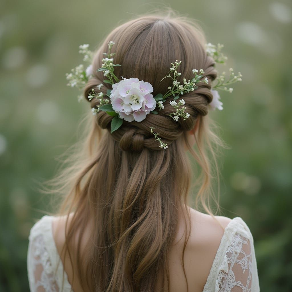 Braided Hair with Hydrangeas in Ethereal Style