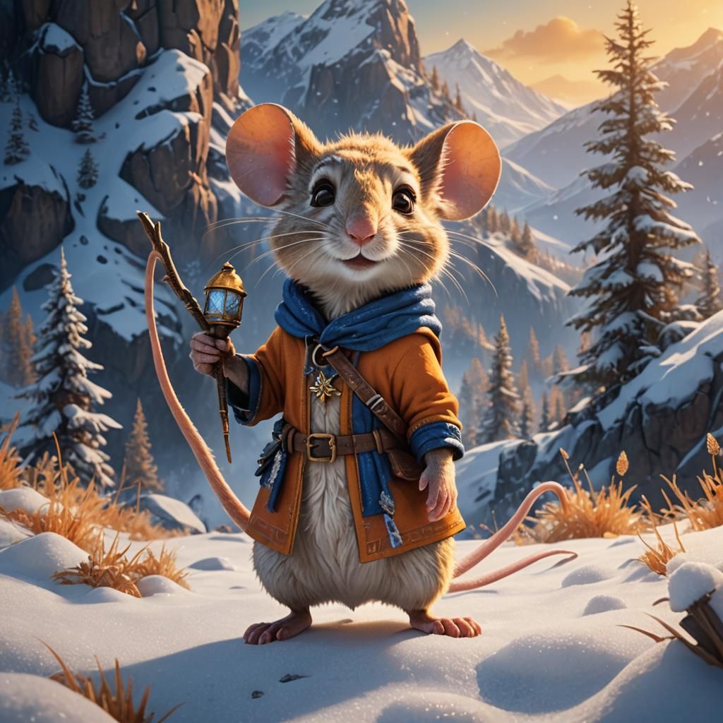 Mouse Explorer in Snowy Mountains: Fantasy Art