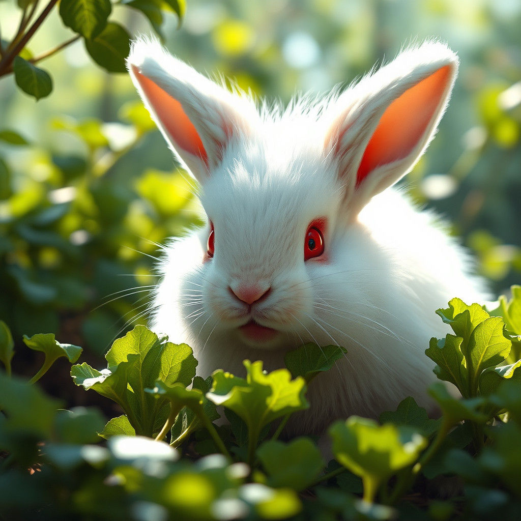Enchanting White Bunny Nibbling Lettuce: Fantasy Art
