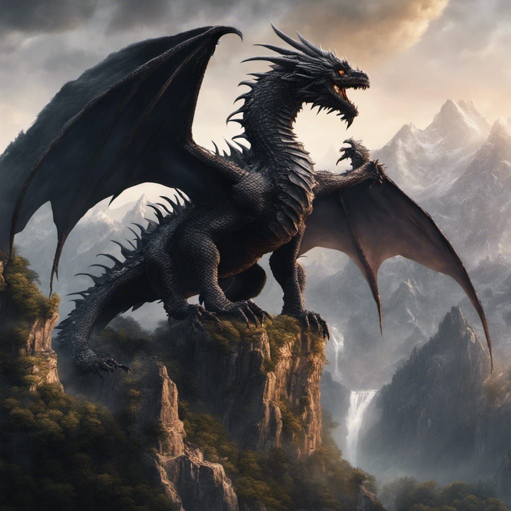 Black Dragon with Open Rib Cage on Mountain