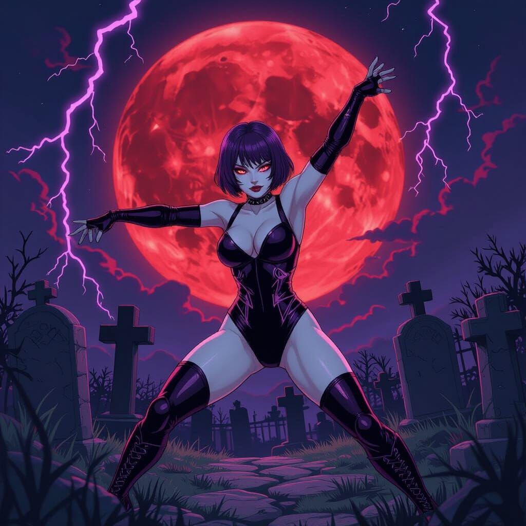 Luchador Woman in Graveyard Under Red Moon: Anime Style