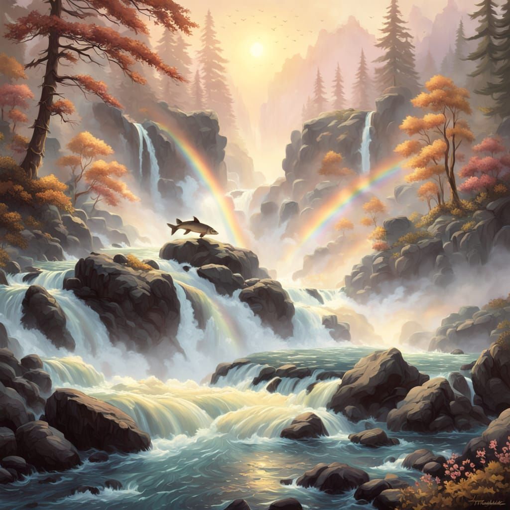 Whimsical Salmon Trouts Leap in Warm Golden Light