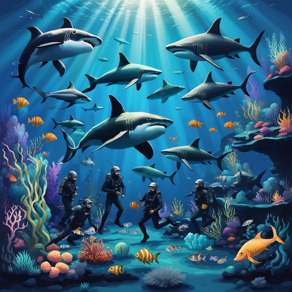 A coral reef teeming with divers, fish, sharks, whales, mant...