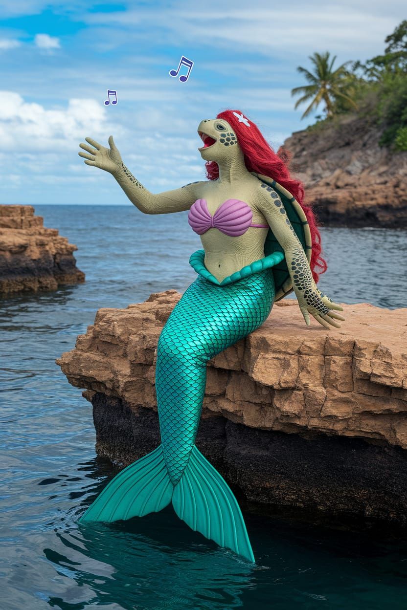 Sea Turtle Mermaid Singing on Rocky Bluffs