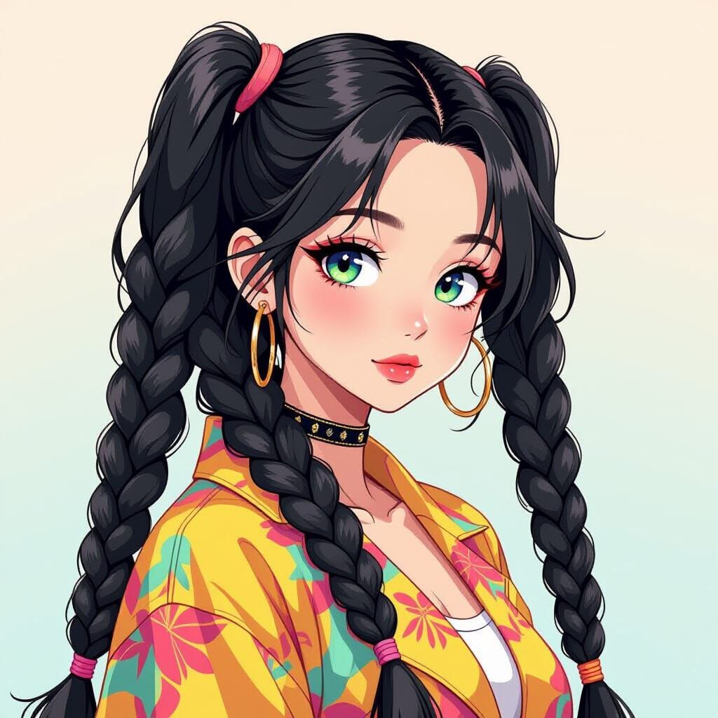 Anime Woman with Braided Hair in Cartoon Style