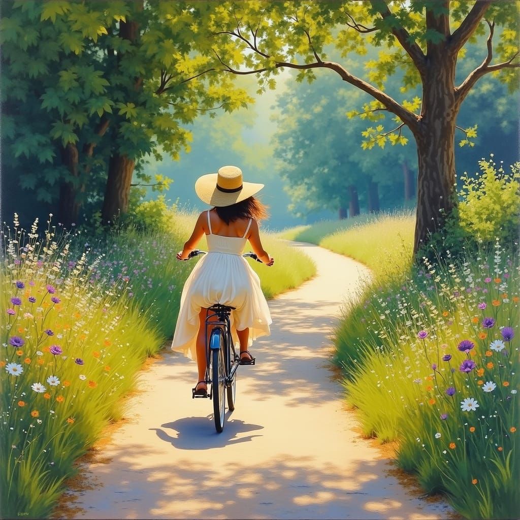 Woman on Bicycle in Impressionist Gouache Style