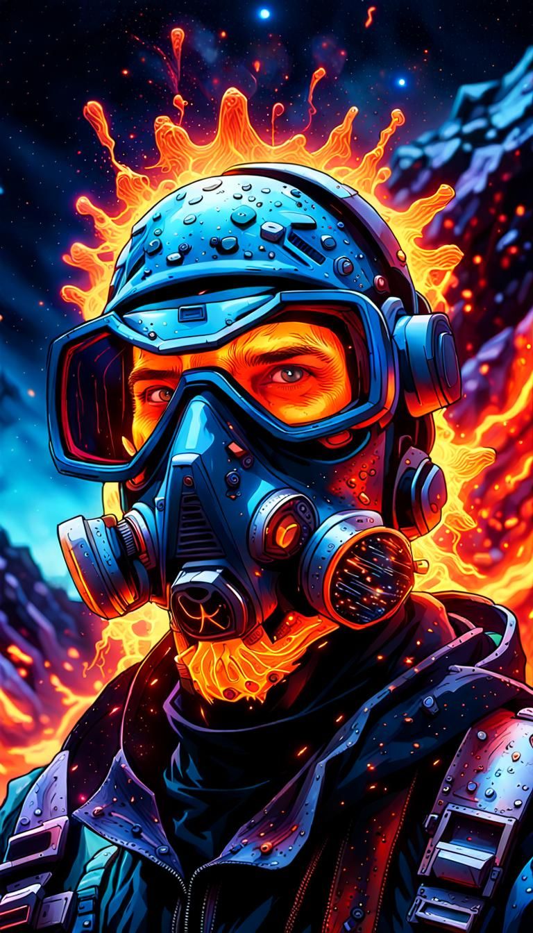 Cyberpunk Portrait of Bloody Man in Hellish Landscape