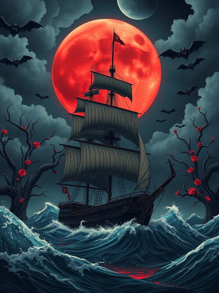 Surrealist Ship Sails Under a Red Moon
