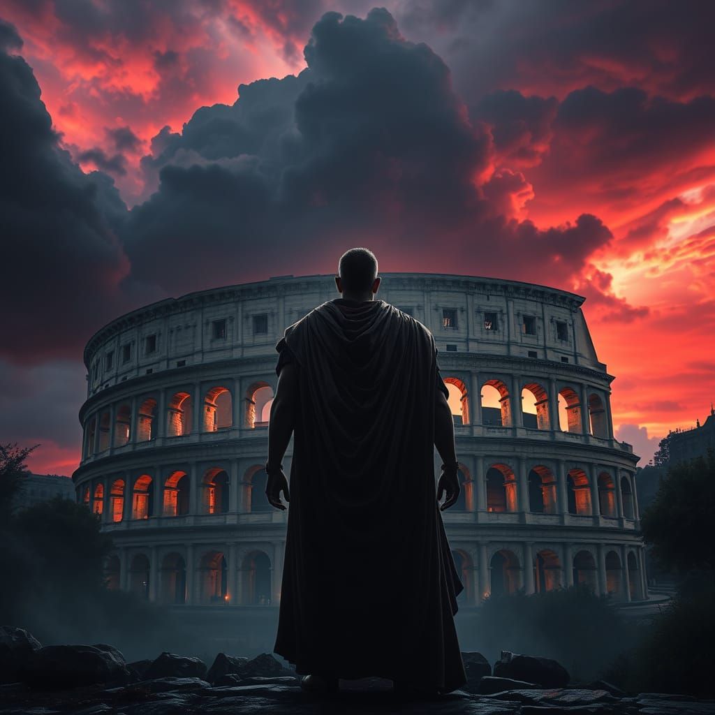 Roman Senator Standing Before the Colosseum at Twilight