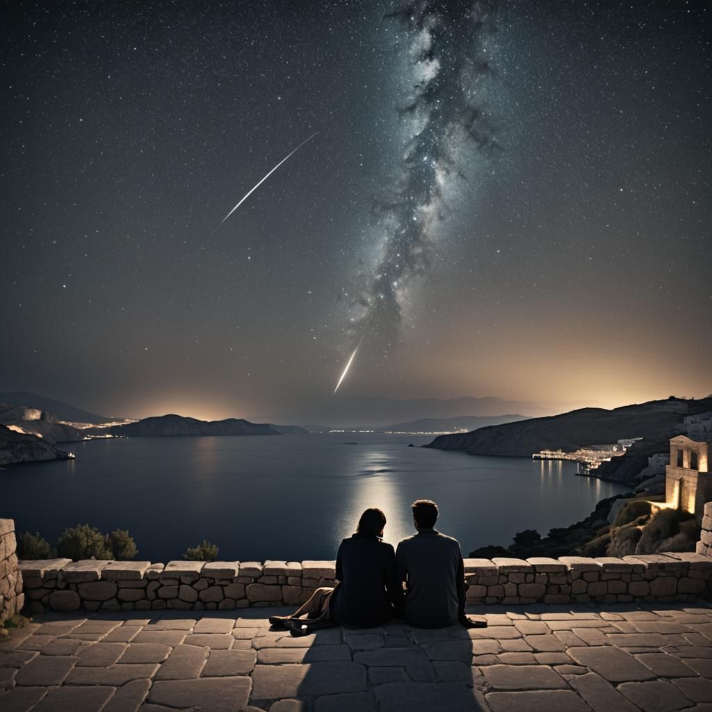 Romantic Night in Greece Under Shooting Star