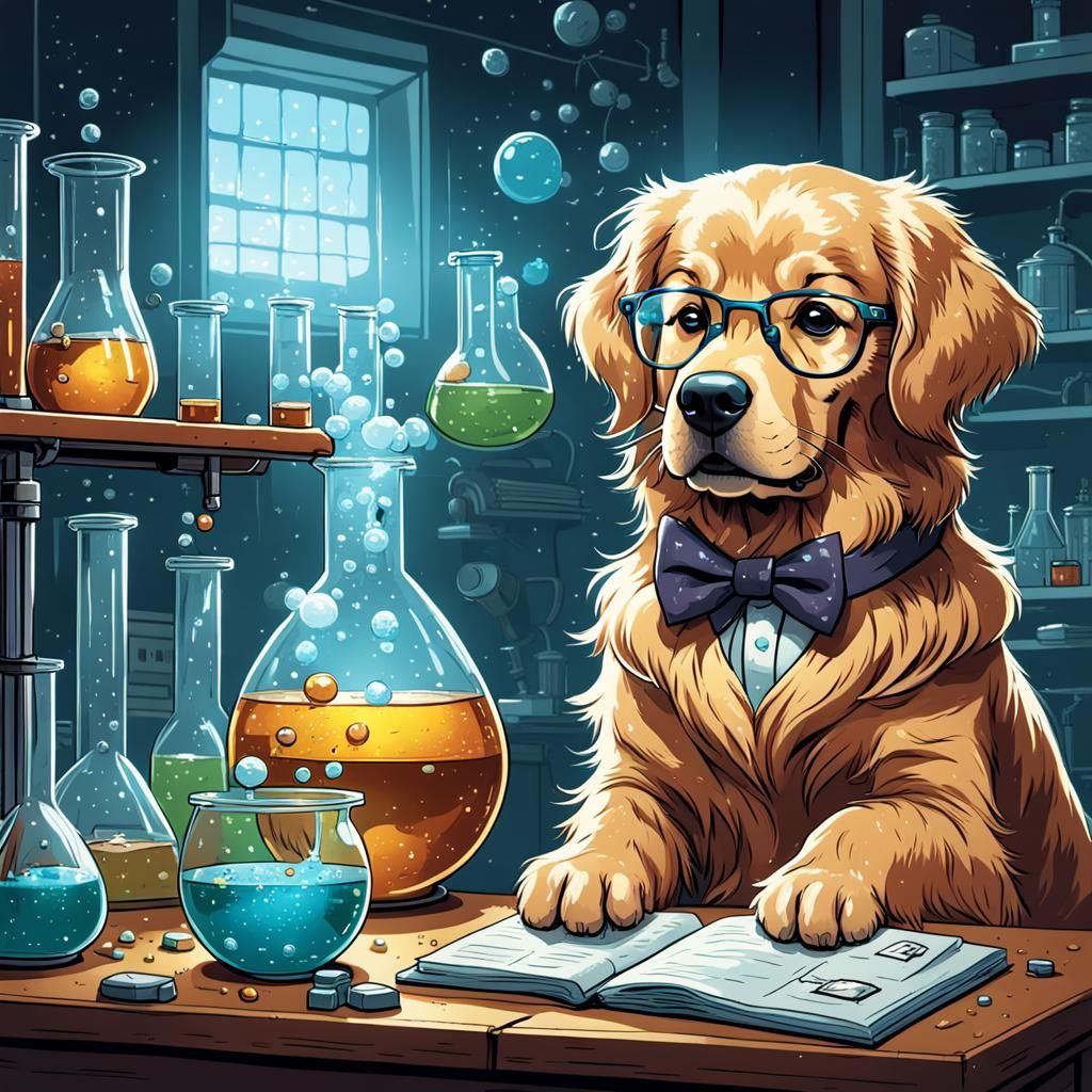 Golden Retriever Scientist: Comic Book Style