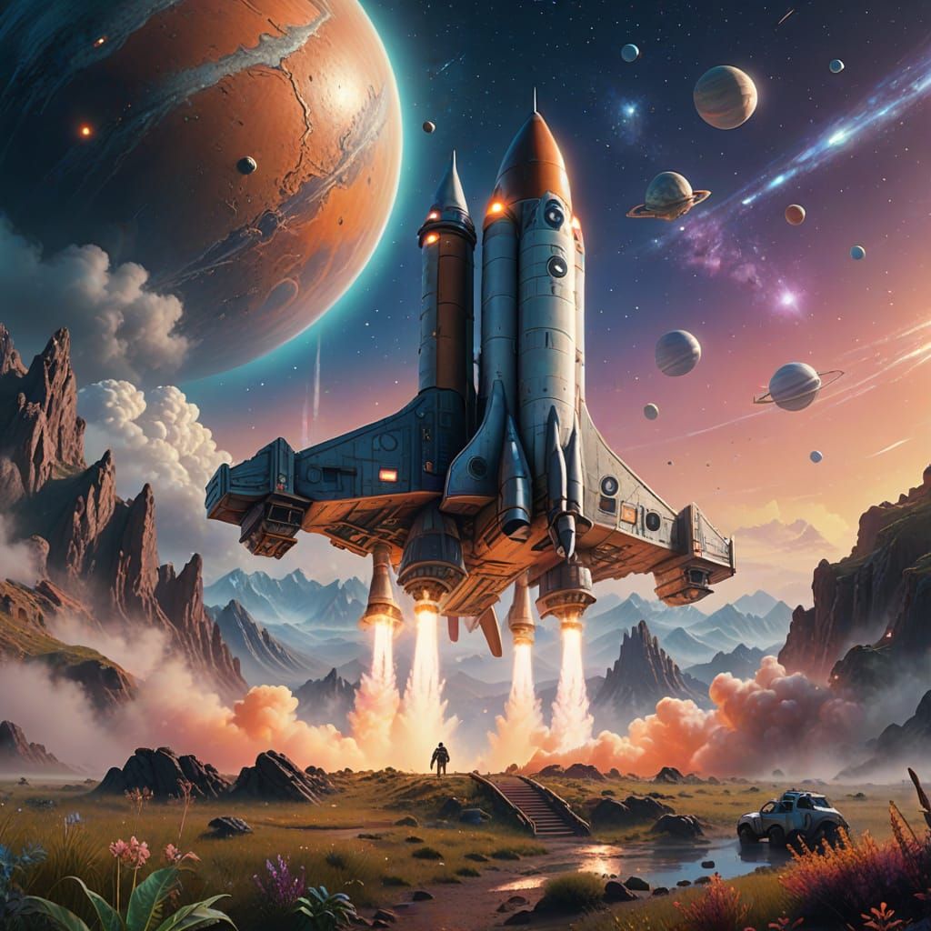 Rocket Ship Lands on Alien Planet: Digital Art