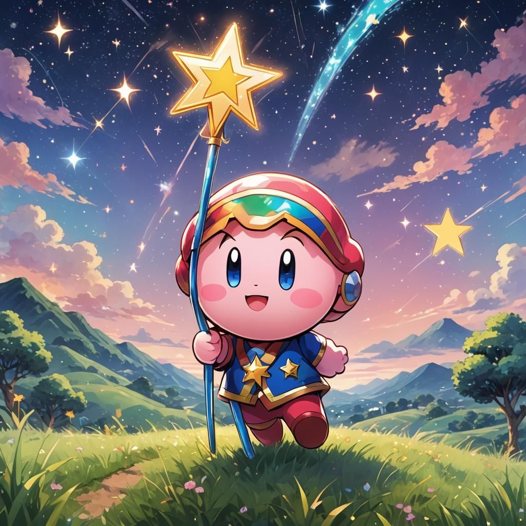 Kirby with Star Rod in Anime Manga Style