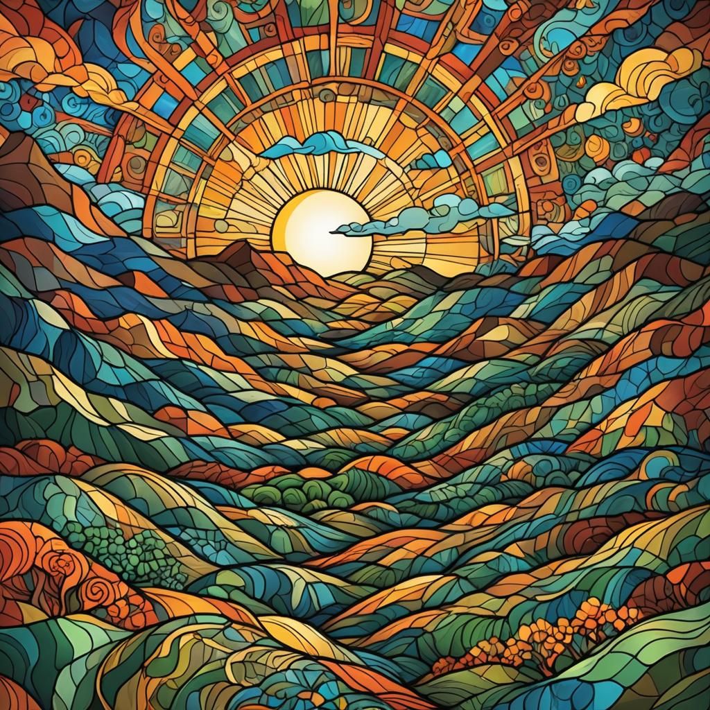 Stained Glass Sunrise Over Hills