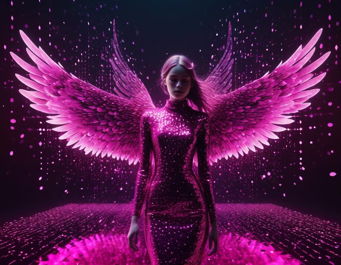 Ethereal Pixel Art: Luminous Figure in Magenta