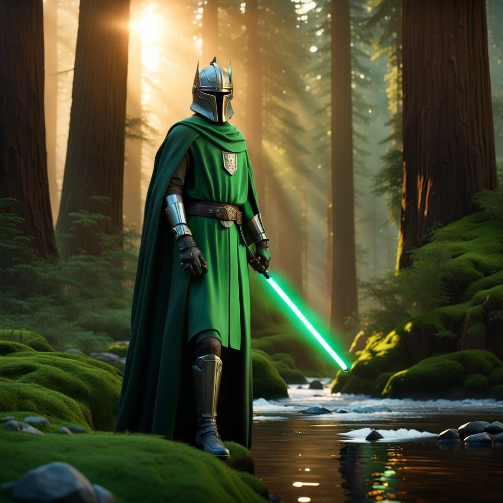 Green Knight with Lightsaber in Redwood Forest