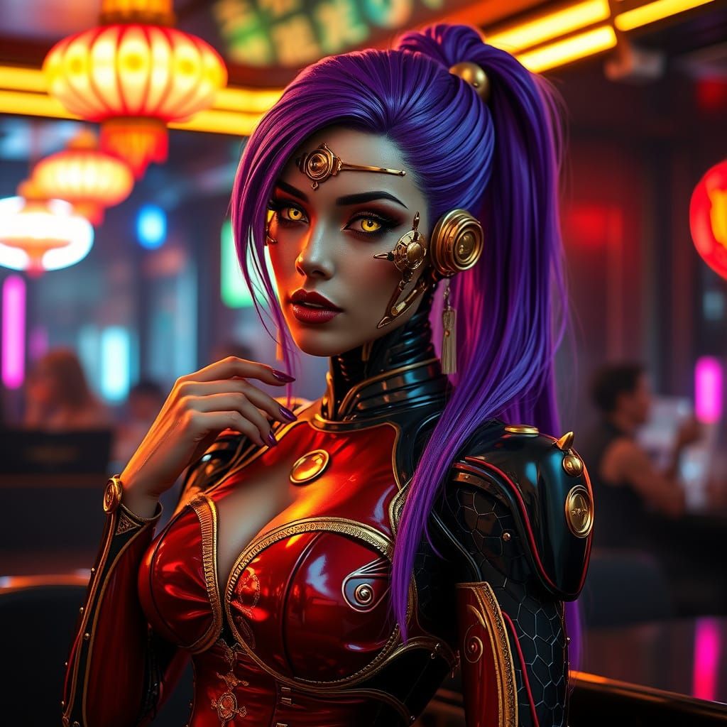 Cyborg Hostess at Cyberpunk Club in Photorealistic Style