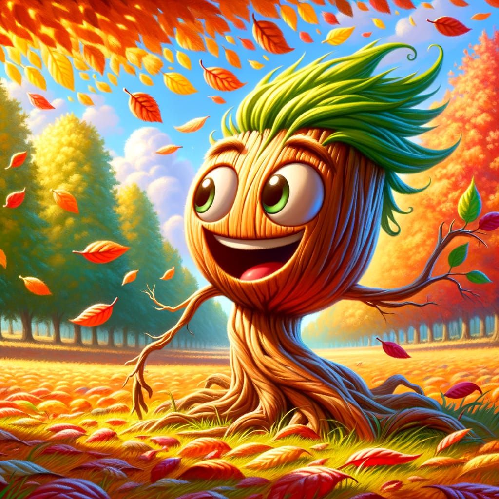 Vibrant Cartoon Tree Sheds Leaves in Autumn Oil Painting