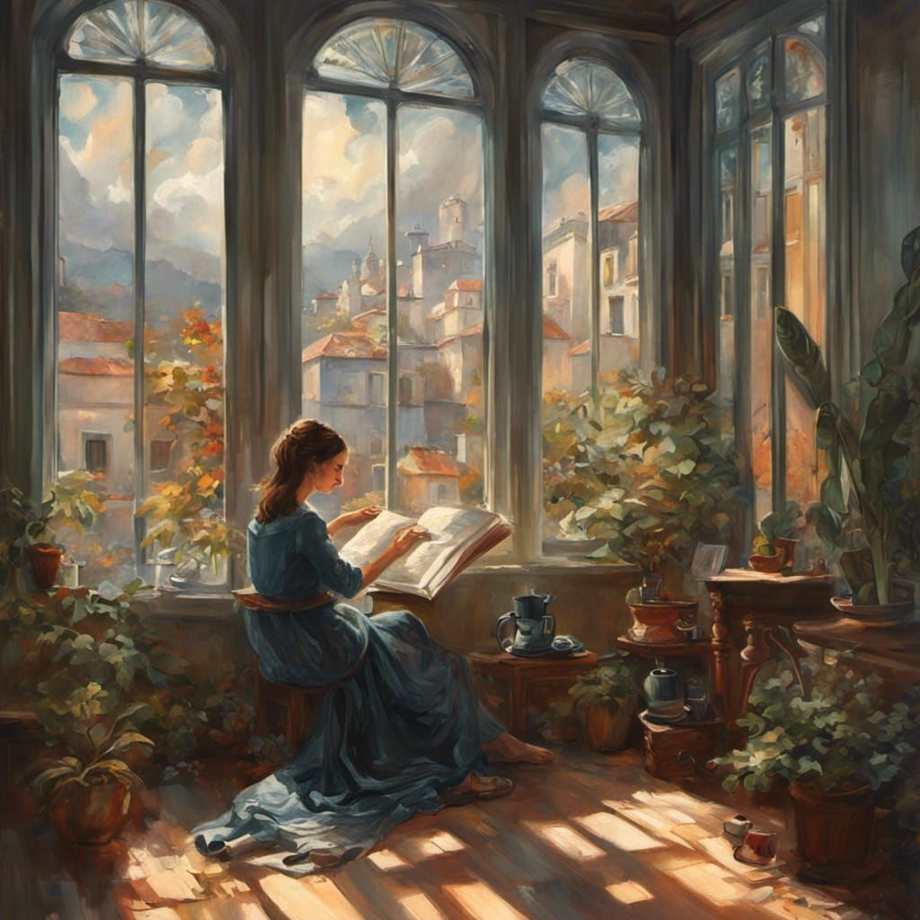 a tranquil indoor painting with a woman reading by a window,...