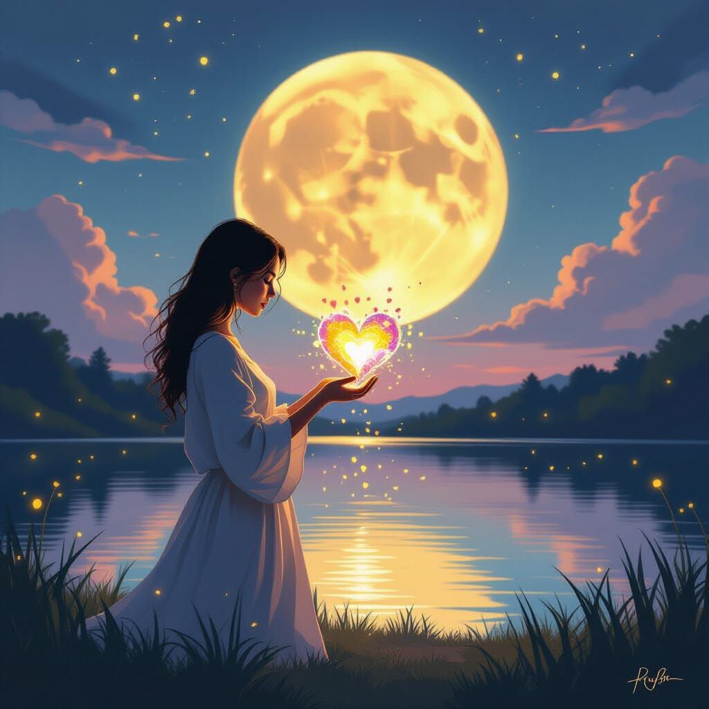 Surreal Woman Rebuilding Self With Glowing Fragments