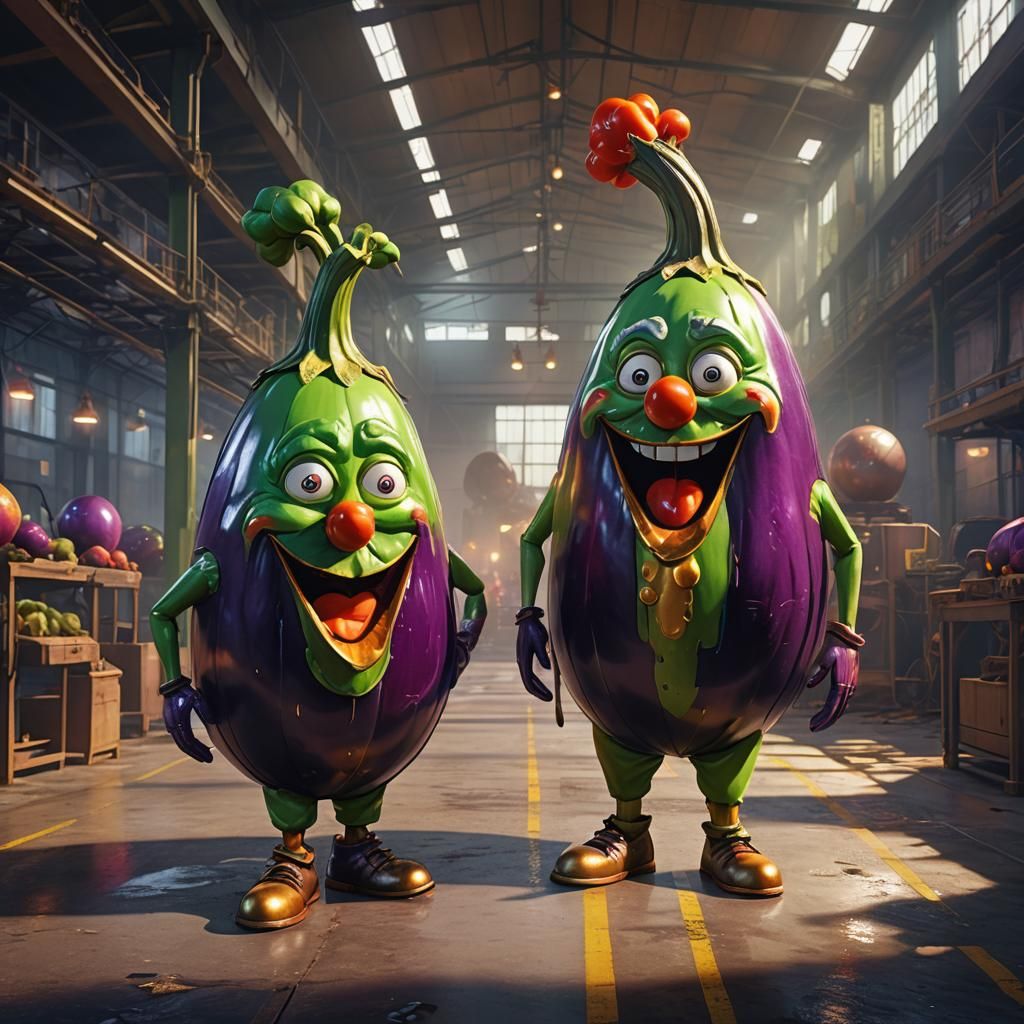 Eggplant Clowns Converse in Factory, Digital Painting