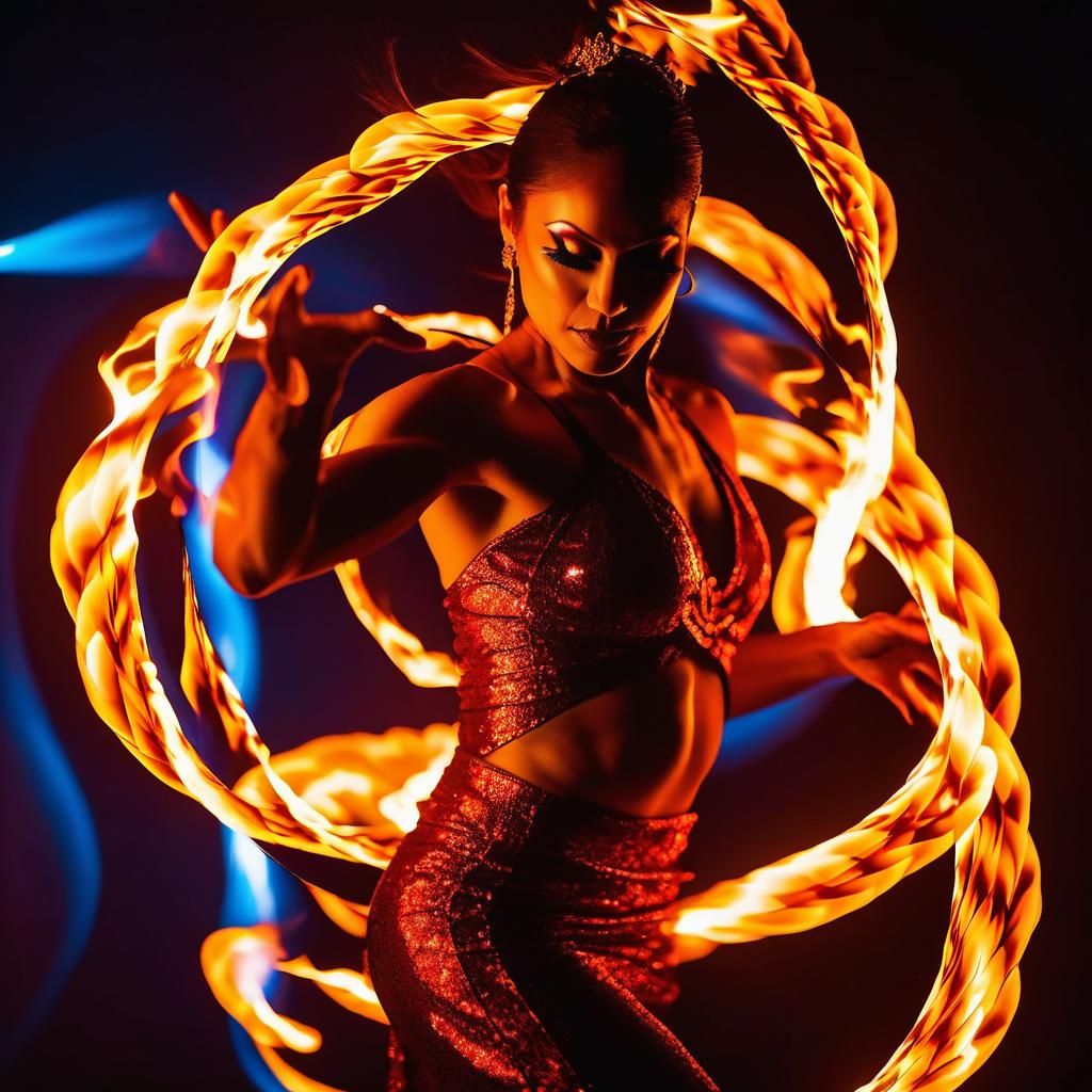 Dynamic Fire Dancer Portrait in Abstract Illusionism