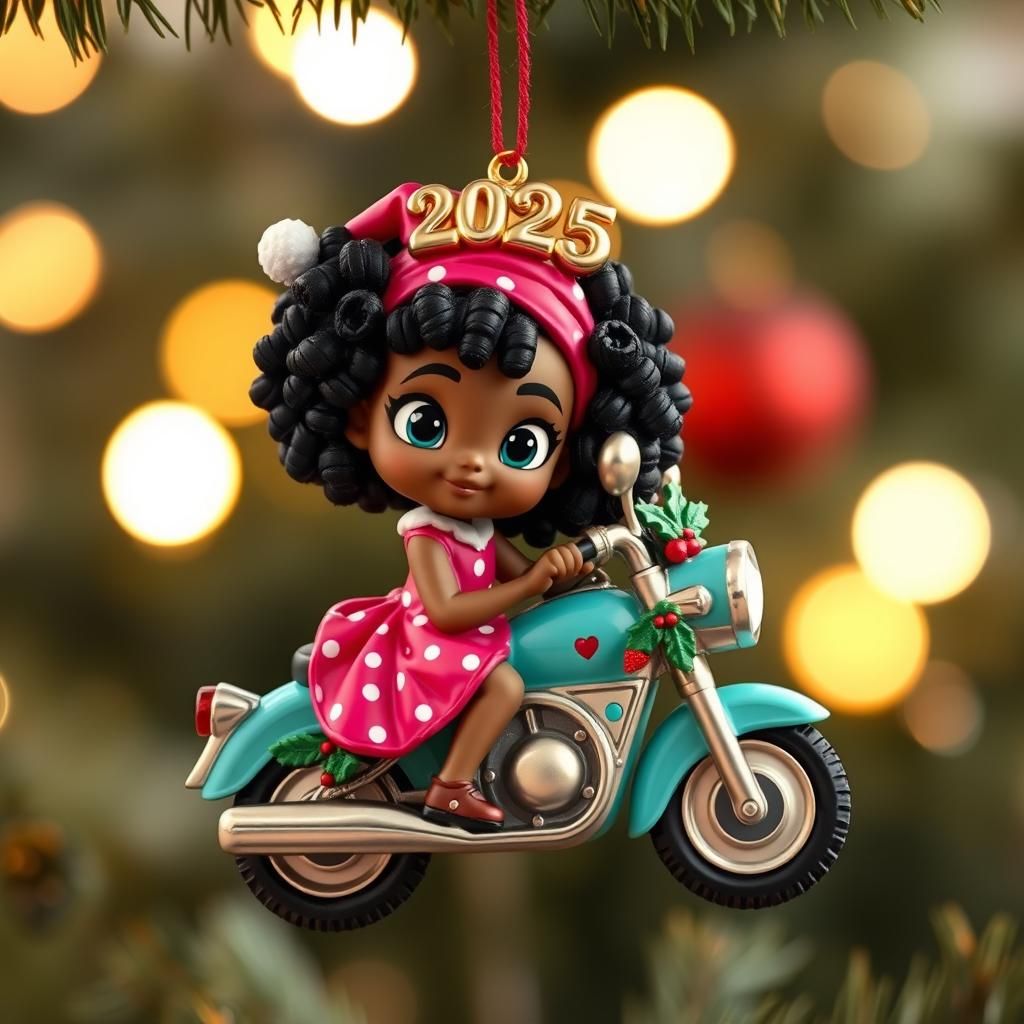 Festive Girl on Motorcycle Ornament in Pixar Style