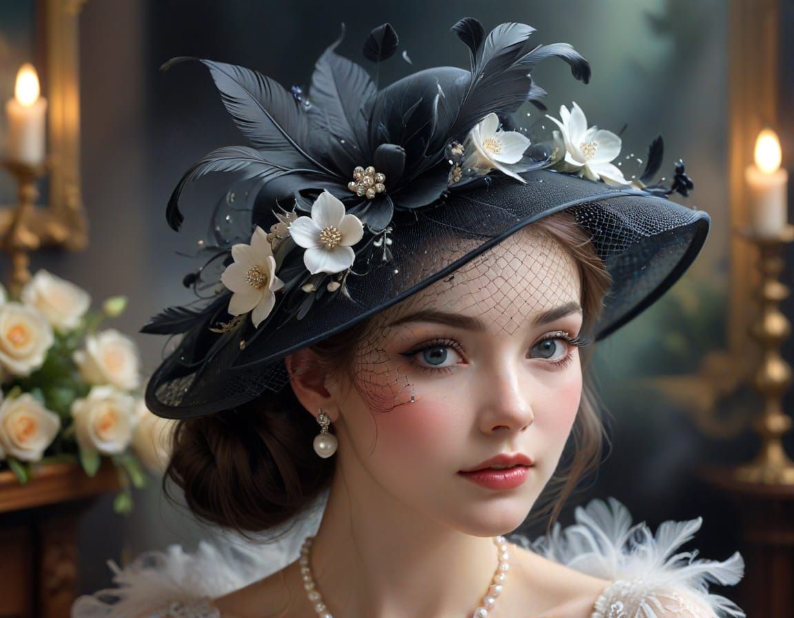 Ethereal Black Fascinator Hat with Veil and Embellishments