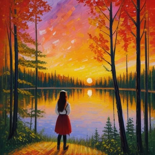 Sunset Over Lake: Neo-Impressionist Oil Painting