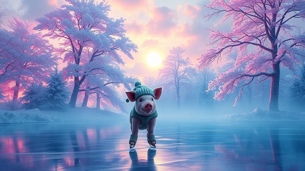 Piglet Ice-Skating in a Cyberpunk Winter Wonderland
