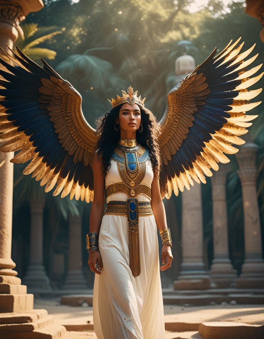 Egyptian Goddess Isis Soars through the Sky with Rainbow Win...