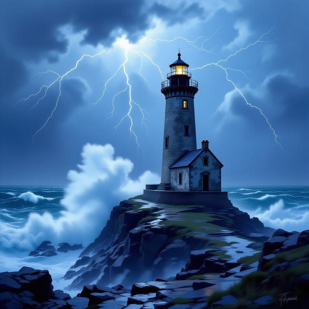 Stormy Lighthouse on Jagged Cliffs in Dramatic Light